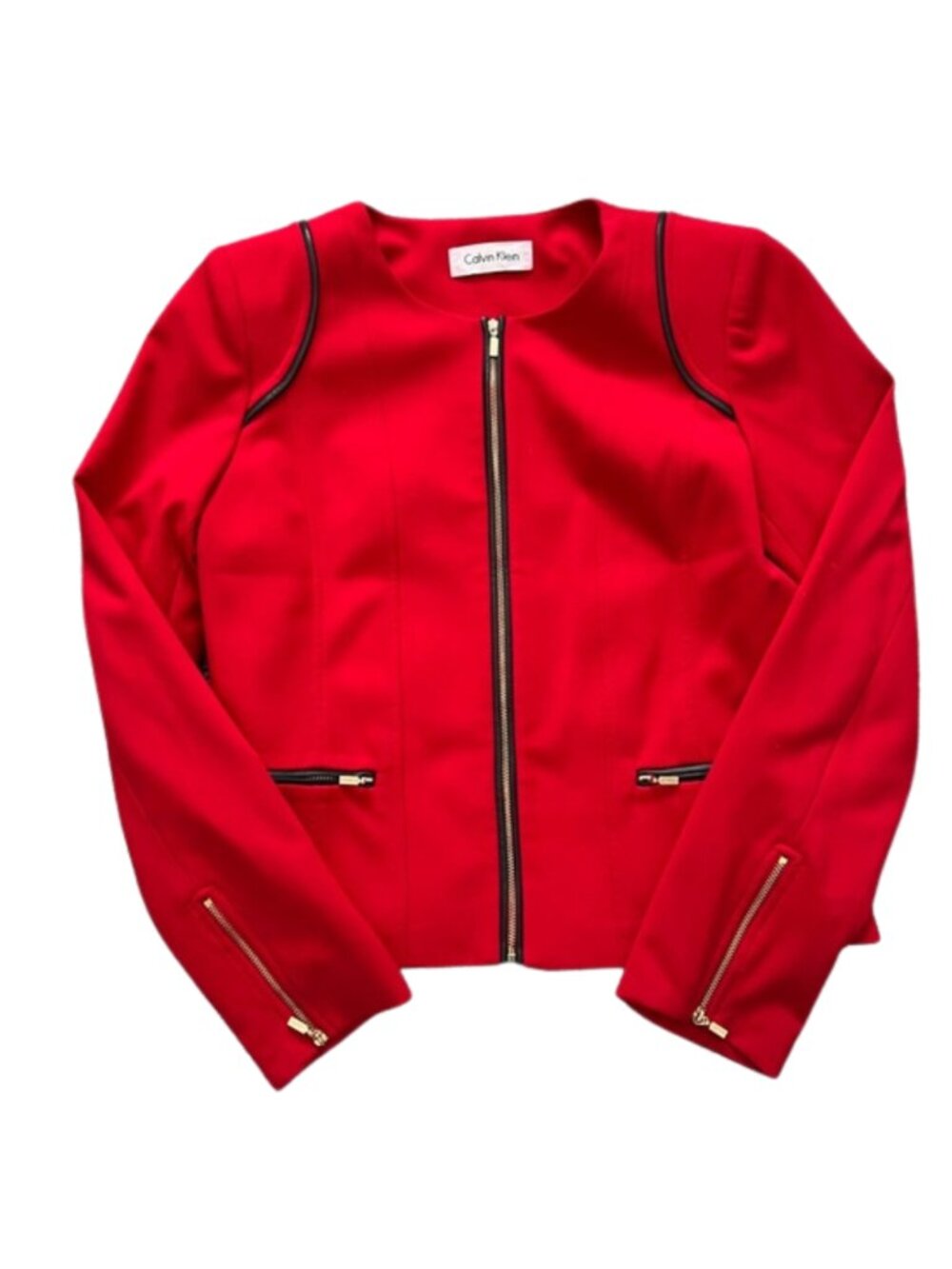 Calvin Klein Women’s Red Zip-Front Jacket Leather Trim Zipper Cuffs - Size P(S)